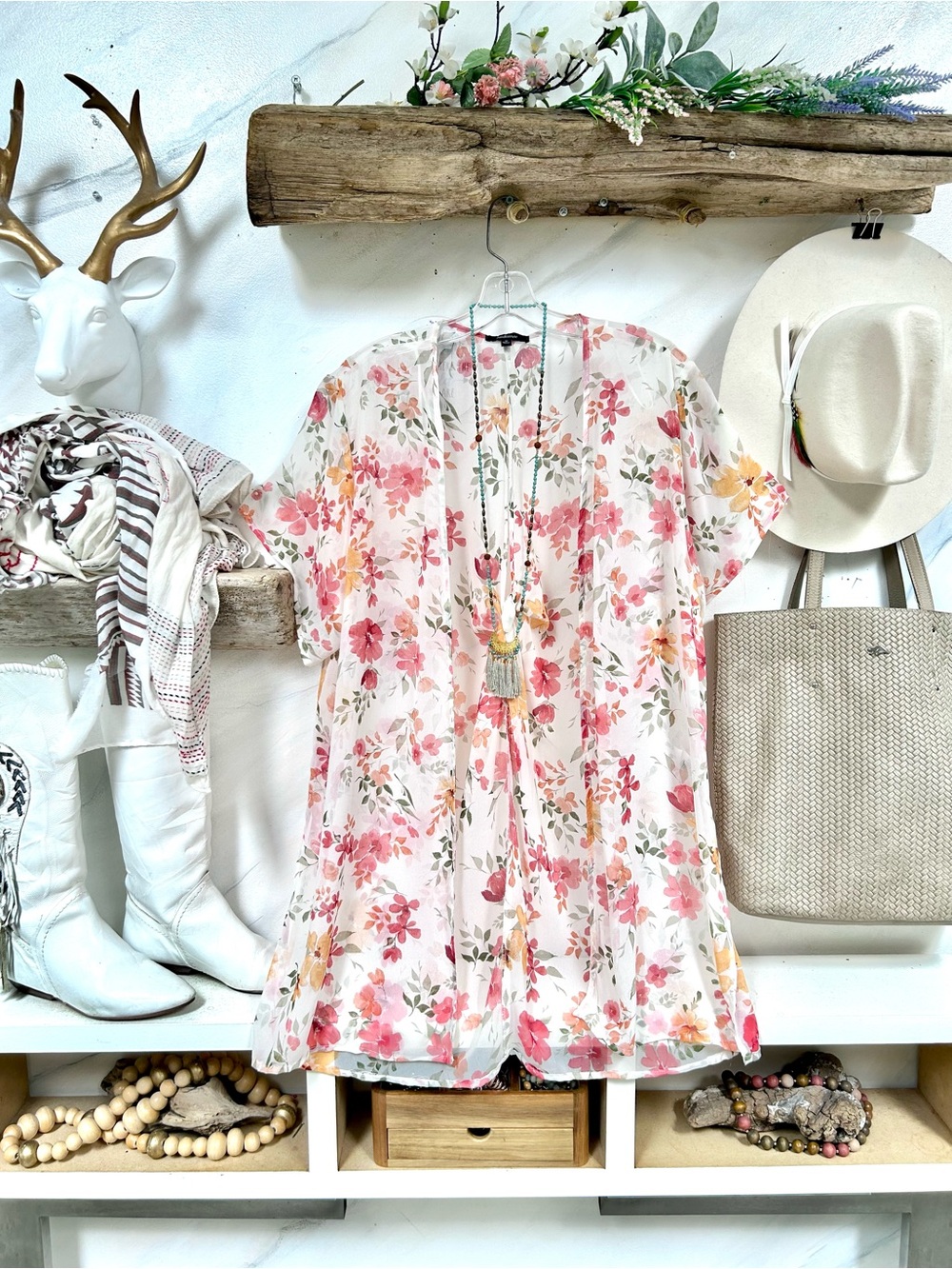 Semi Sheer Floral Open-Front boho Kimono in Pink and Cream w resort vacay vibe